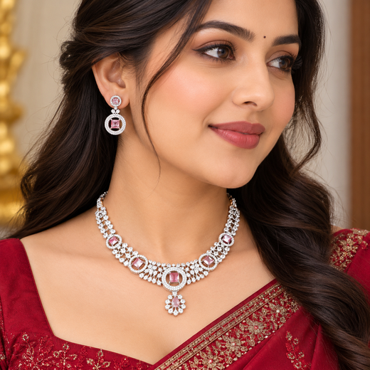 Silver Polish White & Baby-Pink AD Studded Short Necklace - Image 4