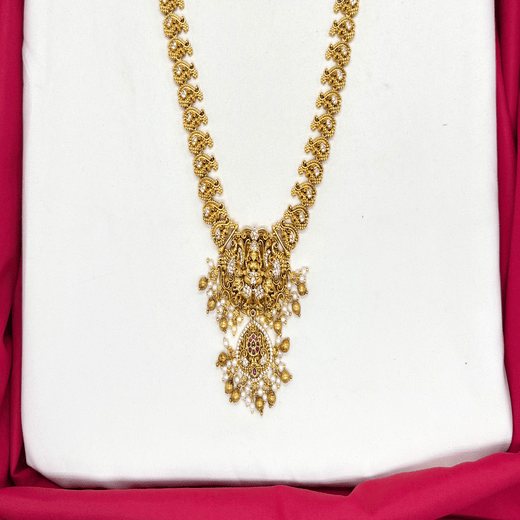 Premium matte finishing with lorded Lakshmi pendant ad stones long haram - Image 3
