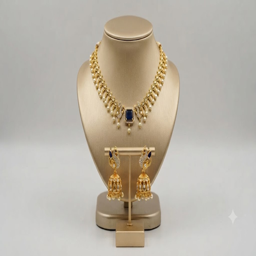 Matte finishing Peacock design with Blue Stone pearls Short Necklace