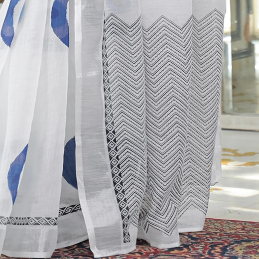 White Linen Printed Saree - Image 3