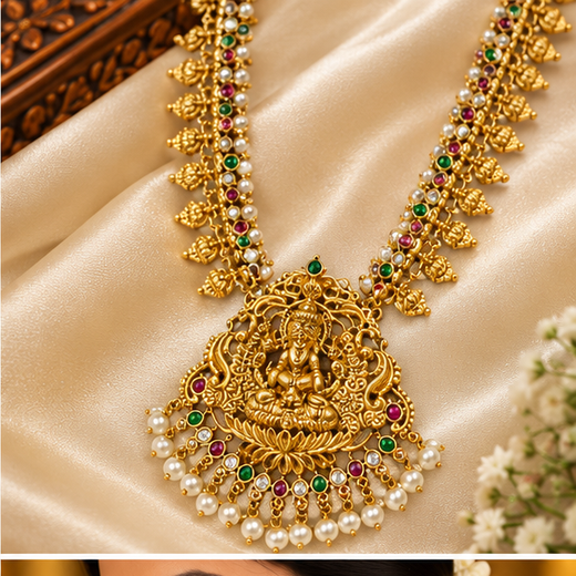 Matte finishing lord Lakshmi with white stones long Haram - Image 2