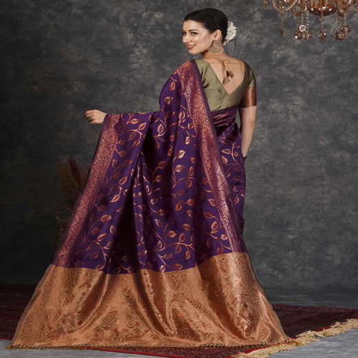 Dark Purple Silk Woven Banarasi Saree - Image 4