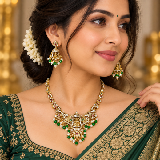Matte finishing lord Lakshmi with peacock Designed Short Necklace - Image 4