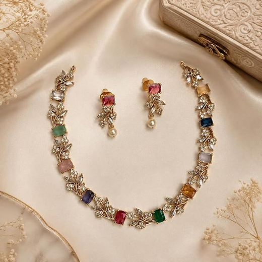 Matte finishing Multi-stones with American Diamonds Short Necklace - Image 3