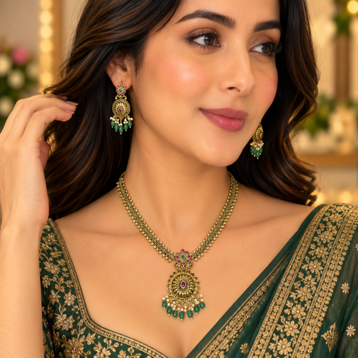 Nakshi Finishing floral design with Green Beads Short Necklace