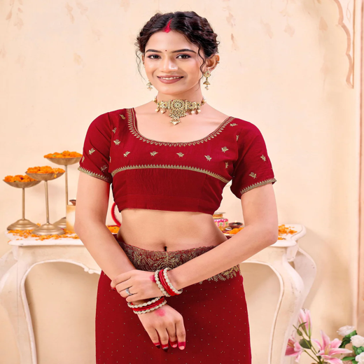 Red Silk Embroidery Embellished Saree - Image 2