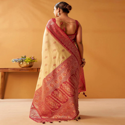 Cream Silk Woven Kanjivaram Saree - Image 4