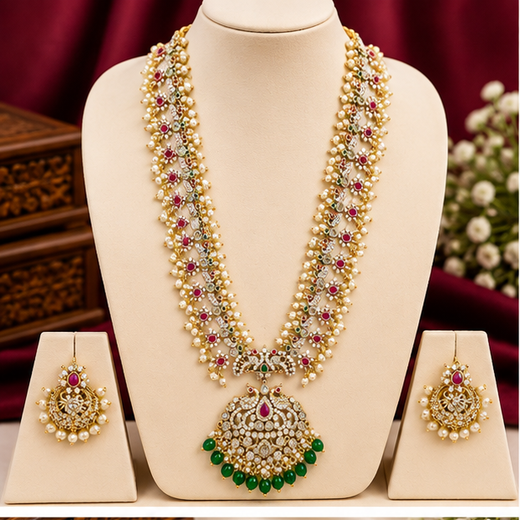 Matte finishing White pearls with Green & pink stones peacock designe finish pendent Long Haram Necklace