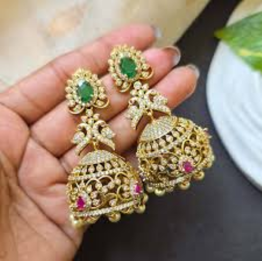 Matte Finishing American Diamonds With White Pearls Jhumkas Earring - Image 2