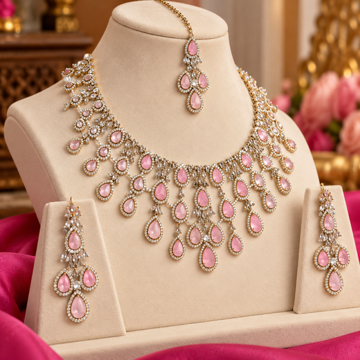 Emerald Baby-pink and Cubic Zirconia Bridal Necklace Set with Earrings and Maang Tikka - Image 3