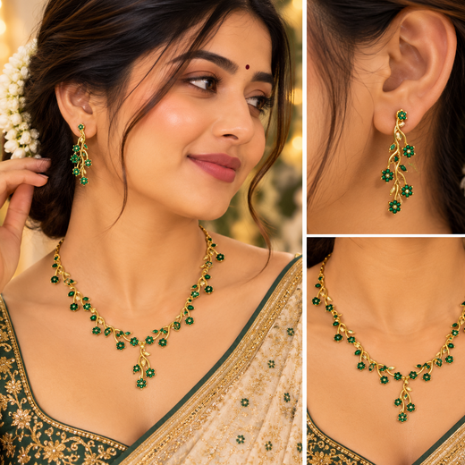 Alloy Green Crystal Floral vine design Short Necklace - Image 4