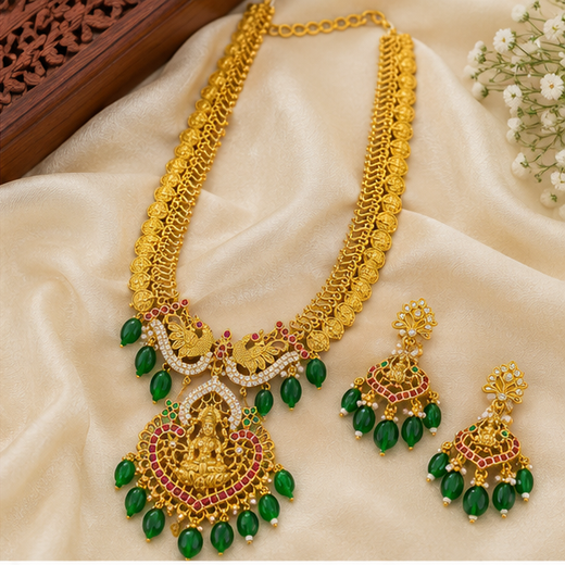 Gold Plated Lakshmi Devi Long Haram Necklace Set - Image 2