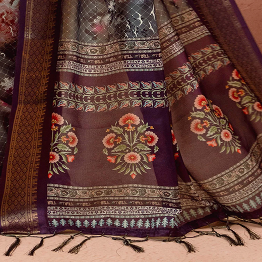 Dark Grey Silk Printed Woven Border Saree - Image 3
