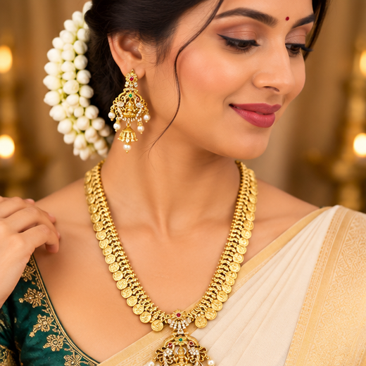 Matte finishing coin Lord Lakshmi with white pearls Long Haram - Image 2