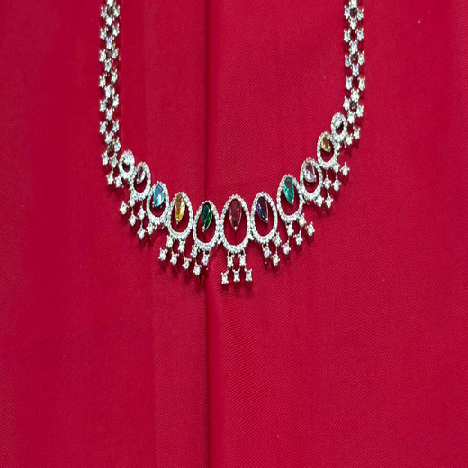 Rhodium Silver American Diamond with Multi-Stone Short Necklace - Image 2