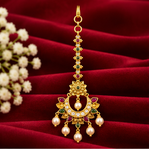 Matte Finishing With Red & Green Stones Maang-Tikka