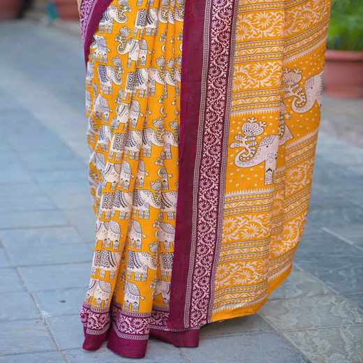 Yellow Cotton Printed Saree - Image 3