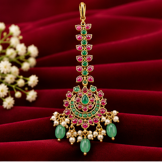 Jadau Kundan Finishing Floral Design Green Beads Maang Tikka