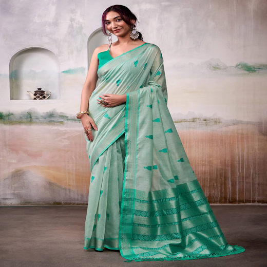 Sea Green Cotton Woven Saree - Image 4