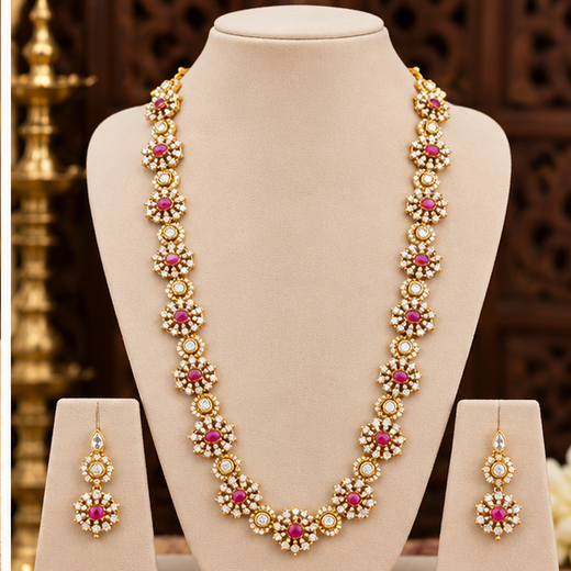 Matte finishing floral design Red-colored stones Long Necklace