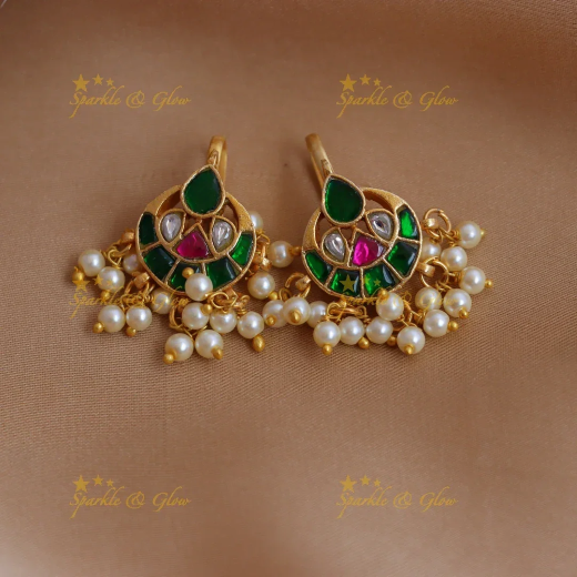 Jadau Kundan with white pearls and green drop Earring - Image 4