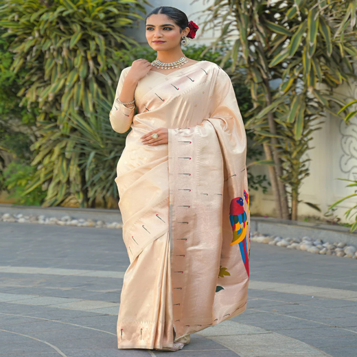 Cream Silk Woven Paithani Saree