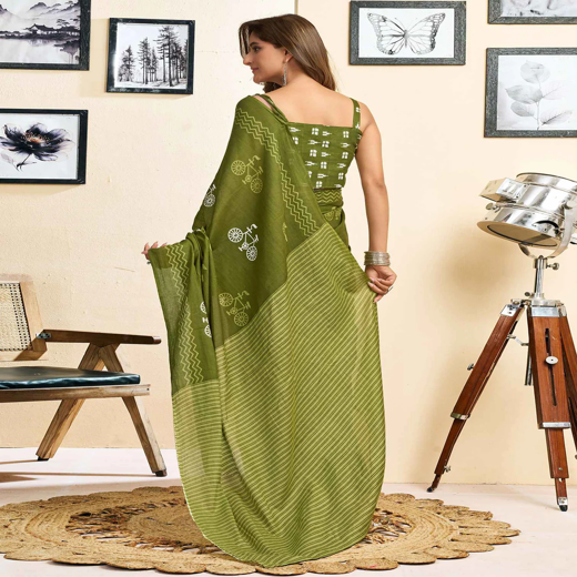 Ready To Wear Green Cotton Printed Saree With Pocket - Image 4