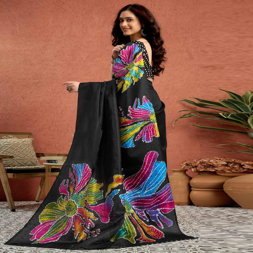 Black Vichitra Silk Printed Saree - Image 4