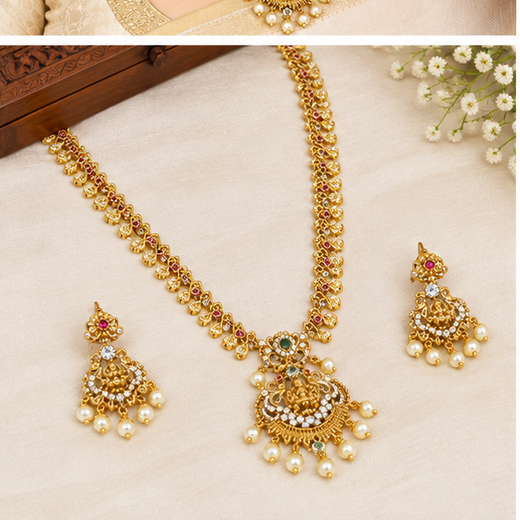 Matte finishing Lord Lakshmi with multi colors Long necklace - Image 3