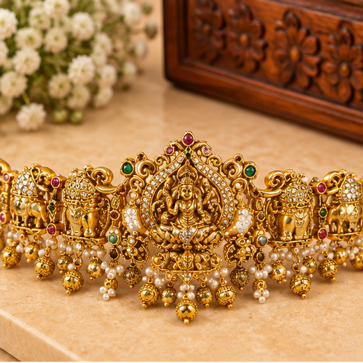 Matte finishing Lord Lakshmi Designed with Elephant and lotus Chain Vaddanam - Image 2