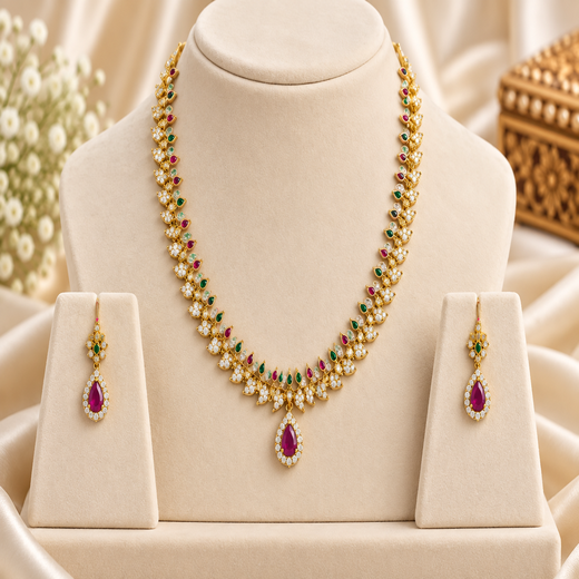Matte finishing American Diamond with Pink Stone Short Necklace - Image 3