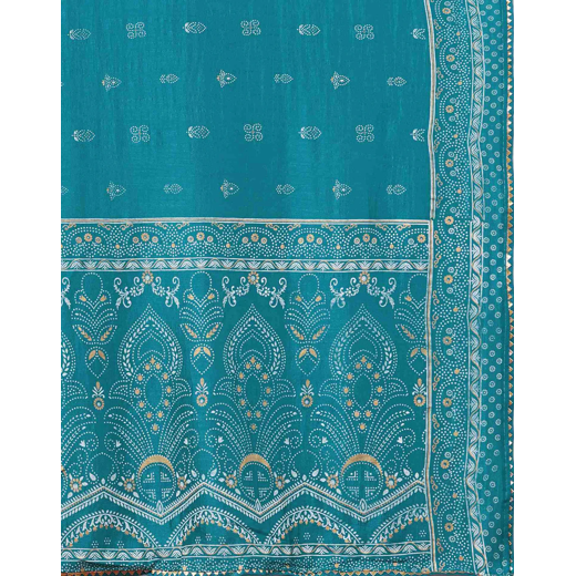 Teal Blue Silk Printed Saree - Image 3