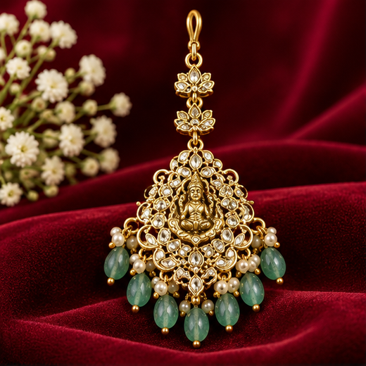 Matte Finishing White Stones With Mint Green Beads Maang Tikka