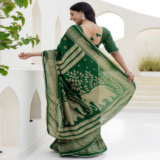 Green Silk Foil Printed Saree - Image 4