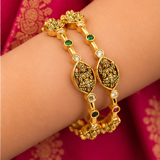Matte Finishing With Small Stones Lord Lakshmi Bangle - Image 4