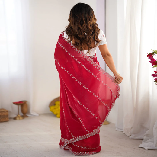 Red Tissue Silk Sequence Embroidery Saree - Image 4