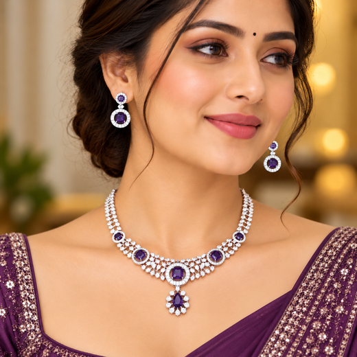 Silver Polish White & purple AD Studded Short Necklace - Image 4