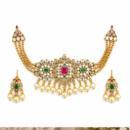 Matte finishing Ad stones with white pearls with pink and green stones Choker
