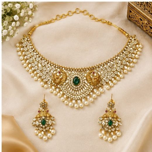 Matte finishing leaf peacock design with Green stone (choker)Necklace - Image 3