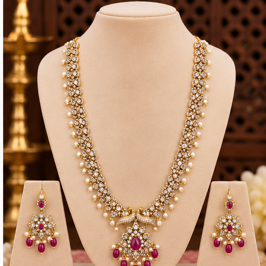 Matte finishing American Diamonds peacock design Long Haram Necklace