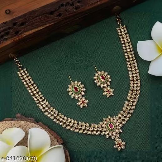 Flower Design Short Necklace with Stone Work | Artificial Jewellery - Image 4