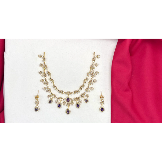 Matte finishing Floral Zircon & Ad Stones purple Short Necklace