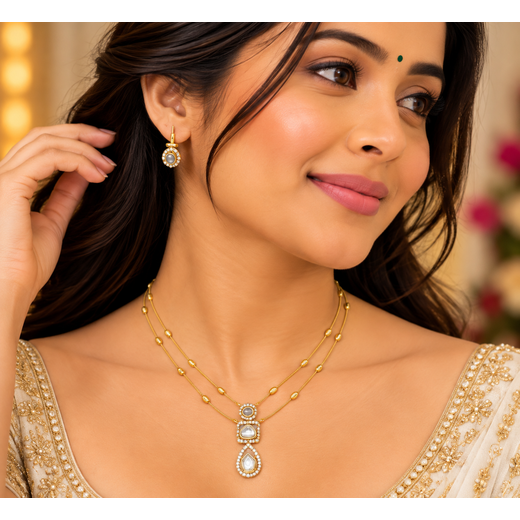 Premium white Stone Two Layer Pendant Necklace Set - Image 4
