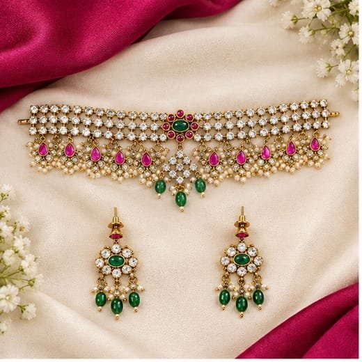 Matte finishing uncut American Diamonds with pearls floral design Choker Necklace - Image 2