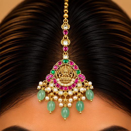 Jadau Kundan Finishing With Pink Stones Lord Lakshmi Maang Tikk - Image 4