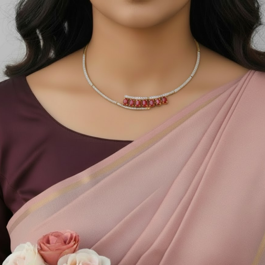 Matte finishing American Diamond Coral stone Short Kanti - Image 4