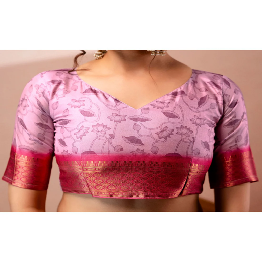 Light Mauve Silk Kalamkari Printed Woven Border Saree - Image 2