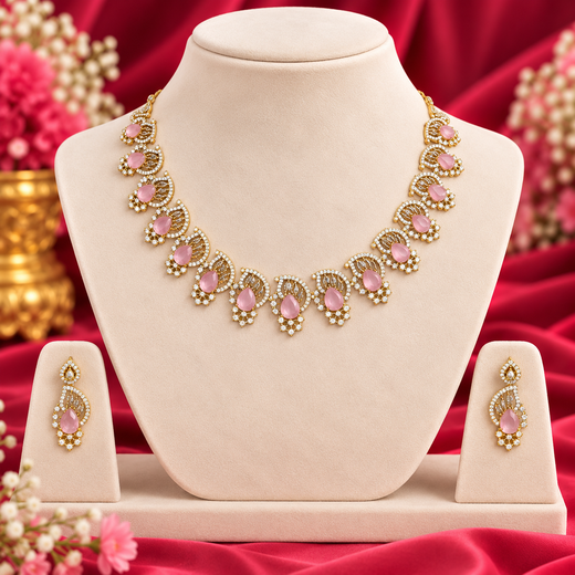 Matte finishing American diamond and Baby-pink stone short Necklace