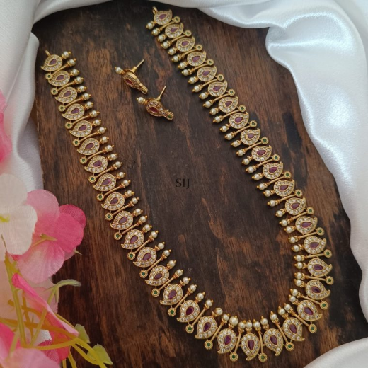 Mango Motif With Pearl Studded One Gram Gold Long Haram With Earrings