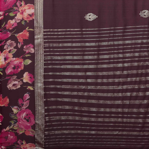 Wine Georgette Floral Printed Saree - Image 3